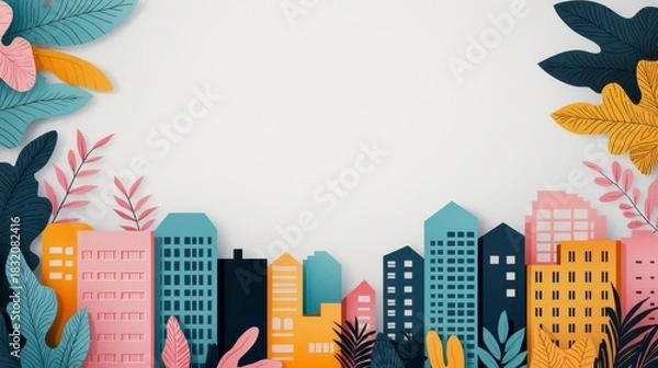 Fototapeta A vibrant, colorful paper-cut cityscape surrounded by tropical leaves, showcasing a playful blend of urban and natural elements.