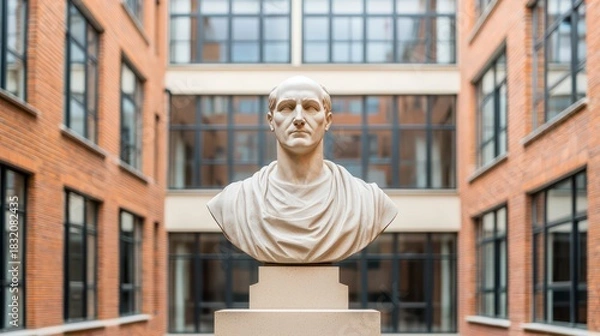 Obraz A classical bust of a Roman figure is prominently displayed in a modern courtyard surrounded by contemporary brick buildings and large windows.