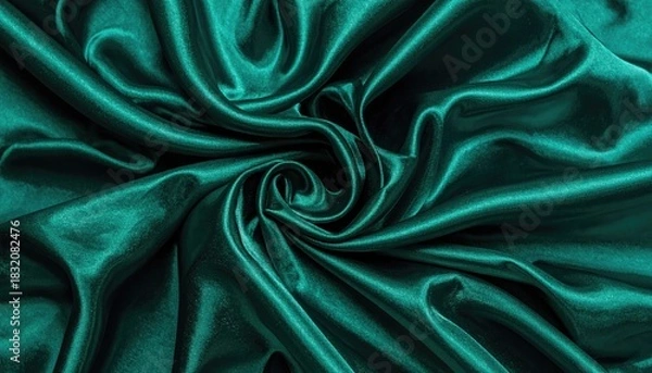 Fototapeta Luxurious dark teal satin fabric with elegant folds and swirling patterns.