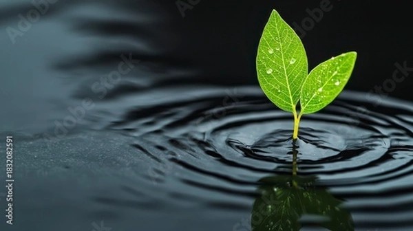 Fototapeta A single green sprout with leaves emerges from rippling water, symbolizing growth and resilience in a tranquil environment.