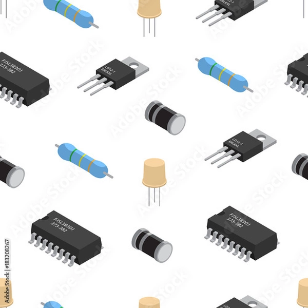 Obraz Vector seamless pattern of izometric electronic components. Collection of capacitors, resistors, diodes, transistors, inductors, microchips