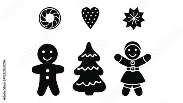 Fototapeta Black and white christmas cookie shapes on a white background surface