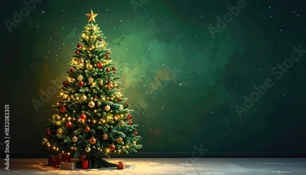 Fototapeta Festively Decorated Christmas Tree with Gifts and Twinkling Lights.