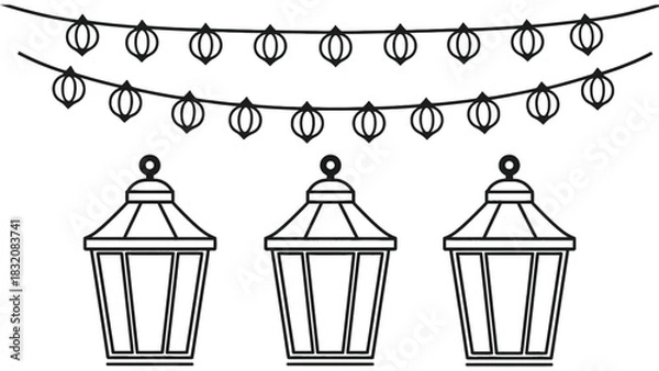 Fototapeta Illustration of three lanterns and string lights in black and white