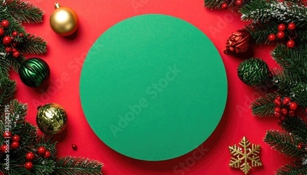 Fototapeta Festive Christmas holiday background with green circle for copy space and decorations.