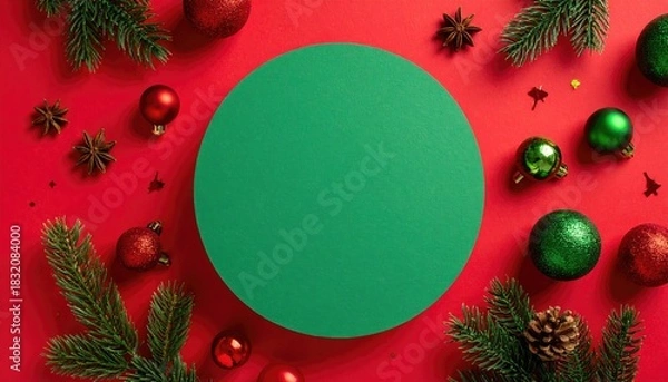 Fototapeta Christmas flat lay with green circle for text and festive decorations.