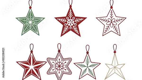Fototapeta Collection of christmas star ornaments in various colors and designs
