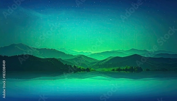 Fototapeta Serene mountain landscape at night with starry sky reflected in calm water.