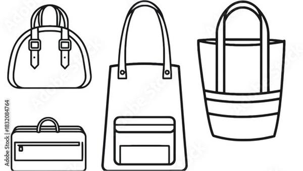 Fototapeta Illustration of four different types of bags in a line art style