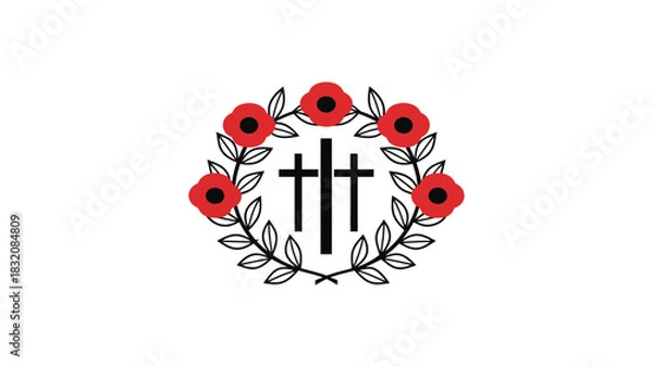 Fototapeta Three crosses surrounded by a wreath of poppies and laurel leaves