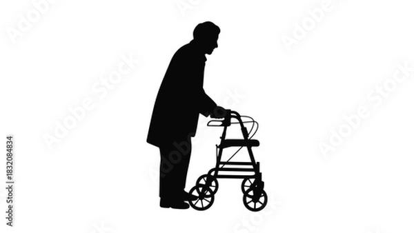 Fototapeta Silhouette of elderly person using walker against white background