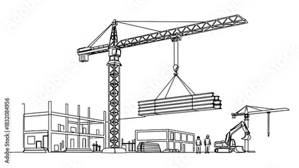 Fototapeta Line drawing of construction site with cranes and building framework