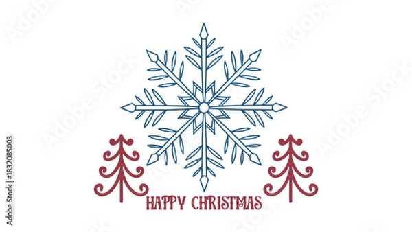 Fototapeta Christmas card design with snowflake and christmas trees illustration