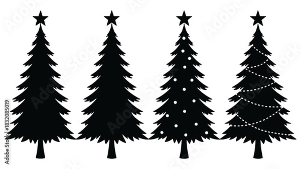Fototapeta Four christmas tree silhouettes with stars and different decorations