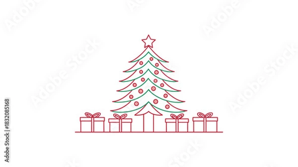 Fototapeta Christmas tree with star and gifts in outline style on white background