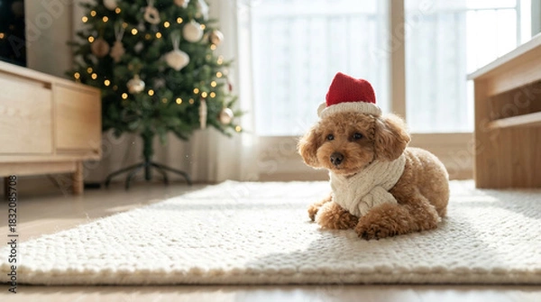 Obraz 白いラグと背景のぼやけたクリスマスツリーのローアングル撮影 足元の視点