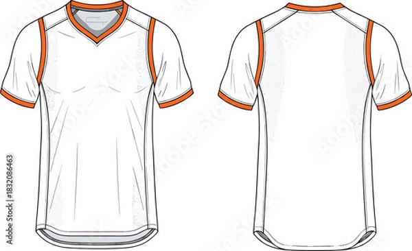 Fototapeta Athletic shirt technical fashion sketch, front and back view, short sleeves, V-neck design, garment flat drawing, apparel template, vector