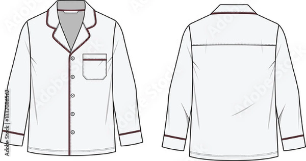 Fototapeta Pajama top technical fashion sketch, front and back view, button-down design, garment flat drawing, apparel template, clothing illustration, vector