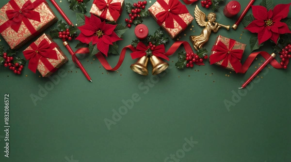 Fototapeta Merry Christmas and Happy Holidays greeting card, frame, banner. New Year. Red Christmas ornaments and gifts, presents on green background top view. Xmas holiday festive theme. Christmas decoration