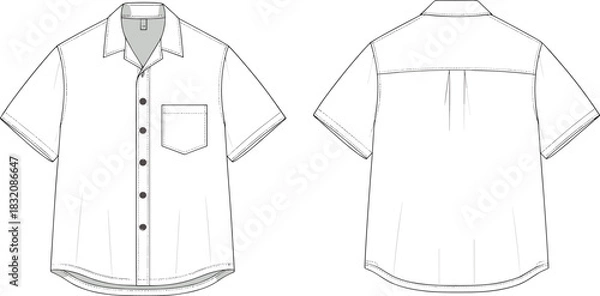 Fototapeta Short-sleeve button-up shirt technical fashion sketch, front and back view, garment flat drawing, apparel template, clothing illustration, vector
