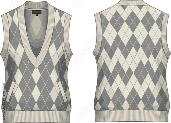 Fototapeta Sleeveless argyle sweater vest technical fashion sketch, front and back view, garment flat drawing, apparel template, clothing illustration, vector