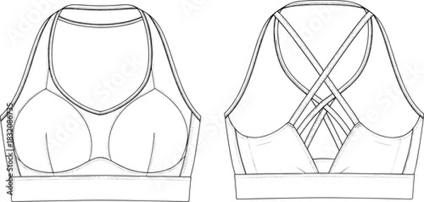 Fototapeta Sports bra technical fashion sketch, front and back view, crisscross strap design, ruched bust detail, garment flat drawing, apparel vector