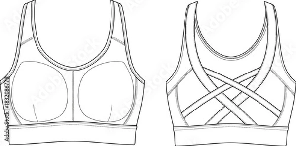 Fototapeta Sports bra technical fashion sketch, front and back view, scoop neckline, crisscross strap design, garment flat drawing, apparel template, vector