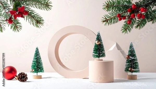 Fototapeta Minimalist Christmas Scene with Miniature Trees and Festive Decor.