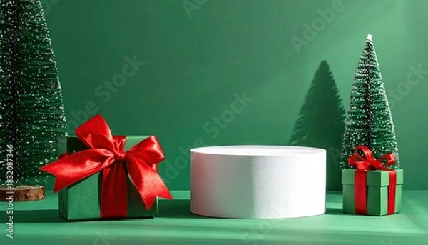 Fototapeta Minimalist Christmas display podium with festive green gift boxes and miniature trees.