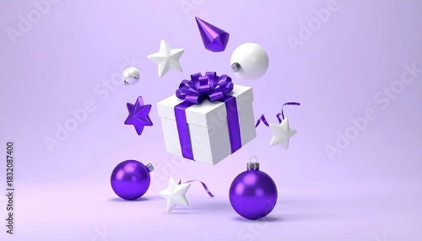 Fototapeta Minimalist Festive Gift Box and Ornaments Floating on Purple Background.