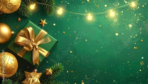 Obraz Festive Green Gift Box with Gold Ornaments and Twinkling Lights on Dark Background.