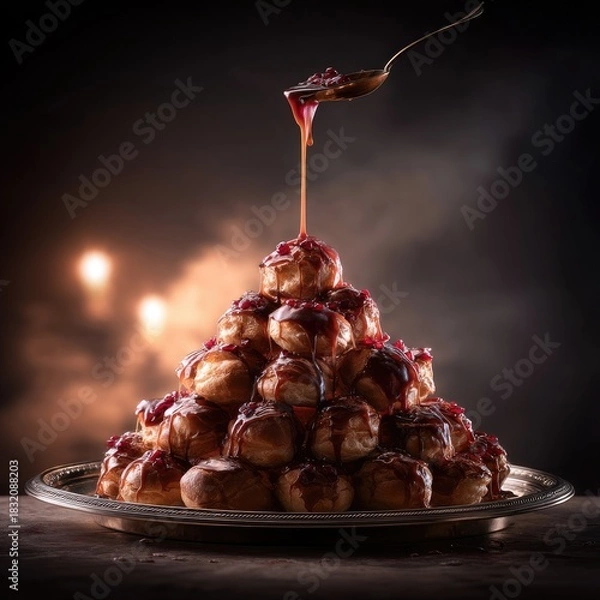 Fototapeta A pyramid of profiteroles on a silver platter with sauce being poured over them, set against a dark, atmospheric background with dramatic lighting.