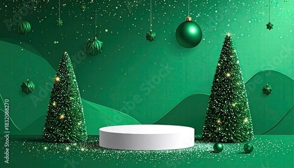 Obraz Elegant Green Christmas Podium Display with Festive Ornaments and Falling Glitter.