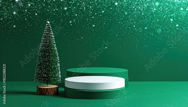 Fototapeta Festive green Christmas podium with sparkling glitter and miniature tree.