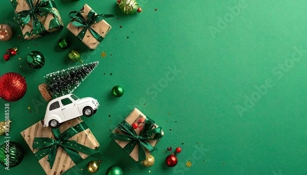 Fototapeta Festive Christmas gifts and ornaments arranged with a miniature car carrying a tree on a green background.