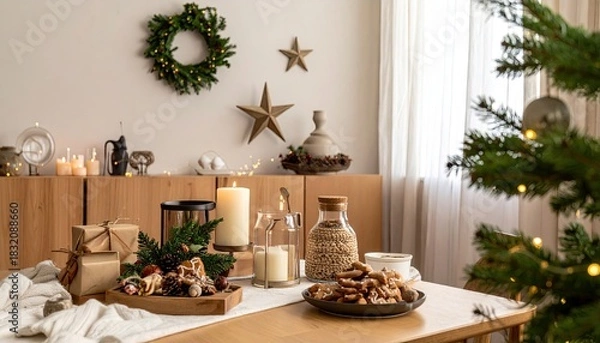 Fototapeta Cozy Christmas Table Setting with Gifts Cookies and Candles.