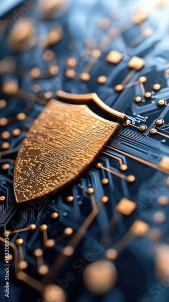 Fototapeta Close-up of a golden shield icon overlaid on a circuit board, symbolizing cybersecurity and data protection.
