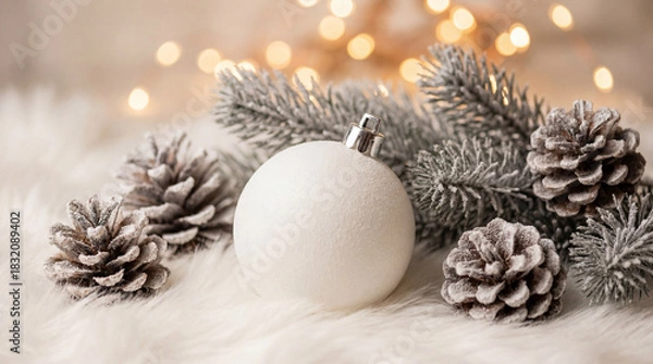 Fototapeta Christmas white decoration ball and spruce tree close up, bokeh lights background. Merry Christmas and Happy Holidays greeting card, frame, banner. New Year. Noel. Winter festive xmas theme