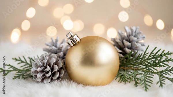 Fototapeta Christmas white decoration ball and spruce tree close up, bokeh lights background. Merry Christmas and Happy Holidays greeting card, frame, banner. New Year. Noel. Winter festive xmas theme