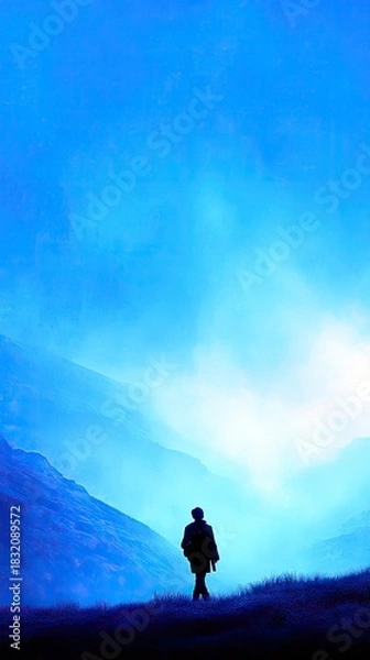 Fototapeta A silhouette of a person walking in a misty blue mountain landscape. The image evokes a sense of solitude and mystery.