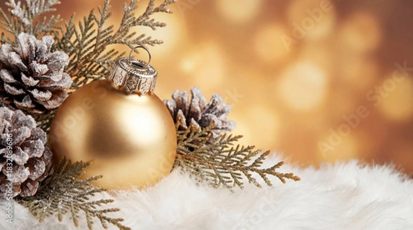 Fototapeta Christmas white decoration ball and spruce tree close up, bokeh lights background. Merry Christmas and Happy Holidays greeting card, frame, banner. New Year. Noel. Winter festive xmas theme