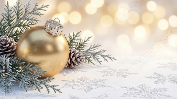 Fototapeta Christmas white decoration ball and spruce tree close up, bokeh lights background. Merry Christmas and Happy Holidays greeting card, frame, banner. New Year. Noel. Winter festive xmas theme