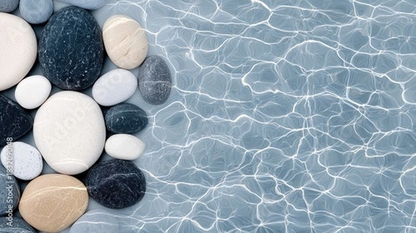 Fototapeta Close-up shot of smooth, rounded stones arranged next to a rippled water surface, with light reflections creating a serene and calming effect.
