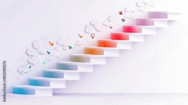 Fototapeta A white staircase with colorful steps and arrows pointing upwards, representing progress and achievement. The design is conceptual and minimalist.