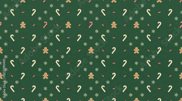 Fototapeta Green Christmas background with snowflakes and christmas trees,seamless pattern of christmas trees and snowflakes on green background,Christmas wrapping paper, Xmas pattern with ornaments