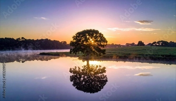 Fototapeta A lone tree is silhouetted against a vibrant sunrise, its reflection perfectly mirrored in a calm lake. The scene evokes tranquility and natural beauty.