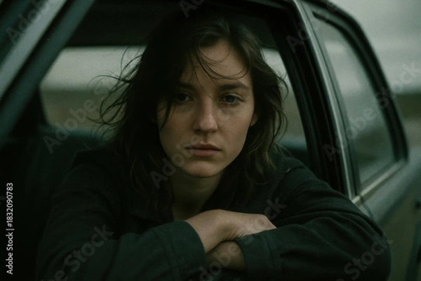 Fototapeta Contemplative young woman gazing from car window, seeking adventure on the open road, embracing freedom and independence during a reflective journey