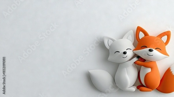 Fototapeta Two cartoon fox characters hugging each other on a white background. They appear happy and friendly.