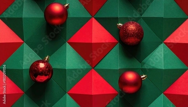 Fototapeta Festive Geometric Christmas Background with Red Ornaments and Folded Paper Pattern.