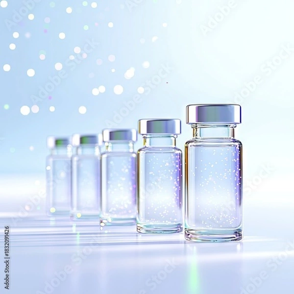 Fototapeta A row of vaccine vials with a bokeh effect, suggesting a medical or scientific concept. The image is brightly lit, creating a clean and clinical atmosphere.